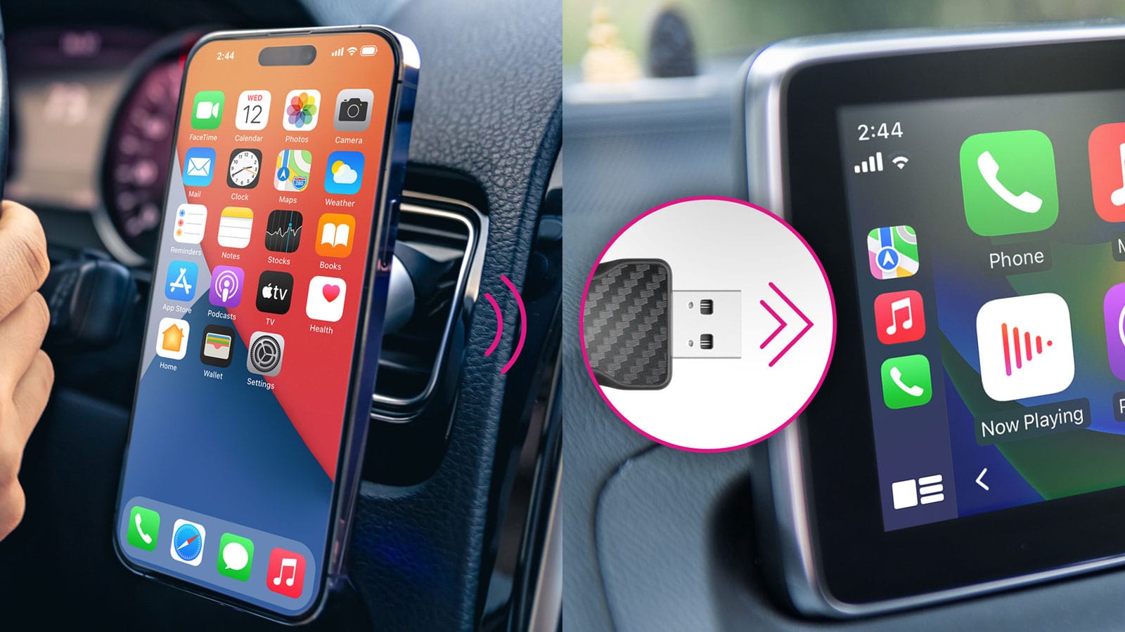 Cell phone in car with Aluratek CarPlay Adapter