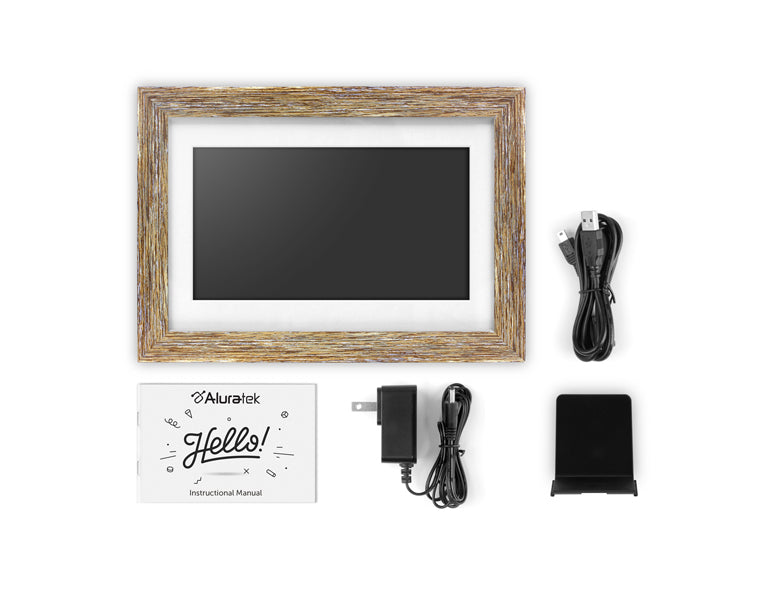 10" Distressed Wood WiFi Digital Photo Frame w/ Touchscreen Box Content