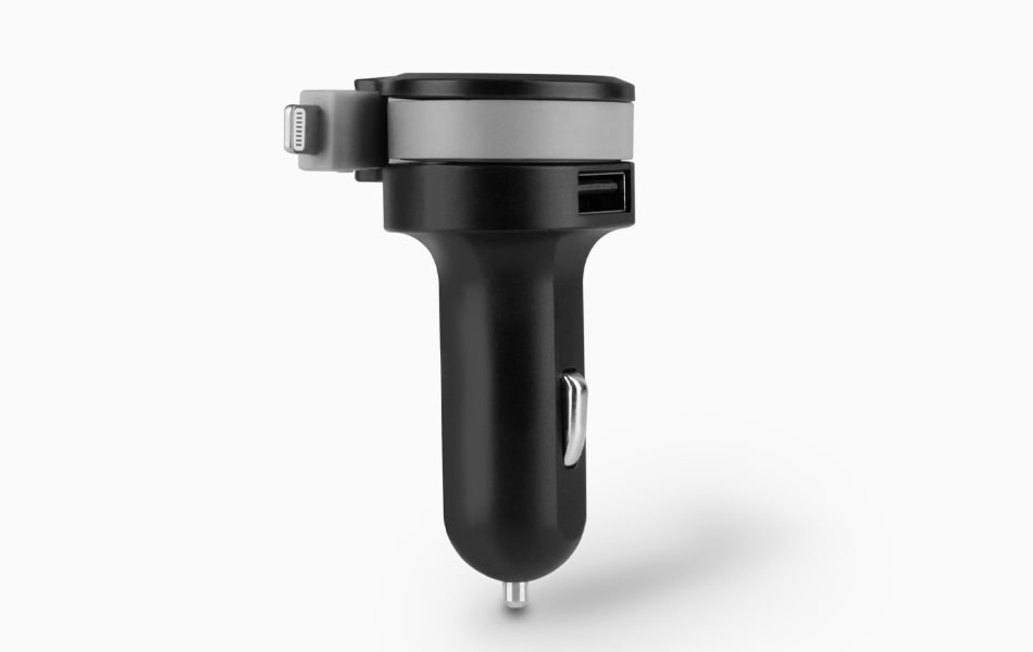 Aluratek Car Charger with Built-in Lightning Rolling Ribbon Cable and USB Charging Port Charge two devices at once