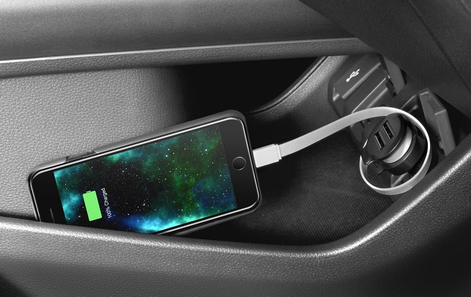 Aluratek Car Charger with Built-in Lightning Rolling Ribbon Cable and USB Charging Port No Hassle Charging