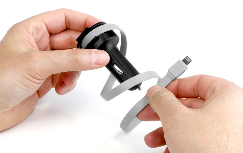 Aluratek Car Charger with Built-in Lightning Rolling Ribbon Cable and USB Charging Port Rolling Ribbon Cable
