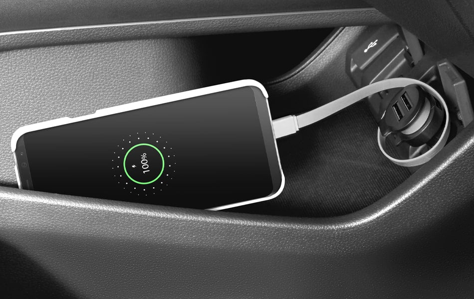 Aluratek Car Charger with Built-in Type-C Rolling Ribbon Cable and USB Charging Port No Hassle Charging