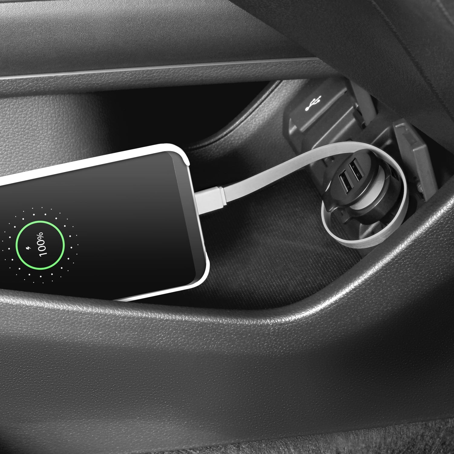 Aluratek Car Charger with Built-in Type-C Rolling Ribbon Cable and USB Charging Port lifestyle Car connected