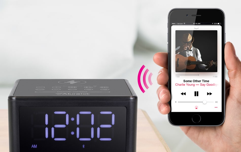 Aluratek Wireless Charging FM Clock Radio with Bluetooth Streaming phone