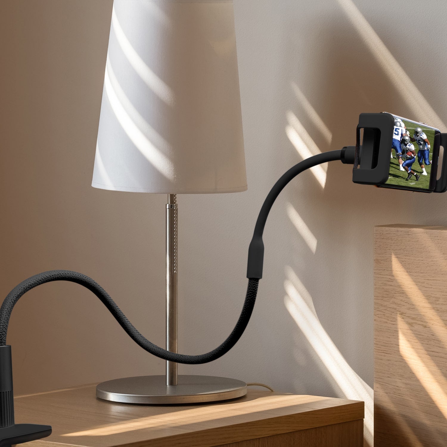 Universal Smartphone and Tablet Flex Mount black LIfestyle Nightstand Mount