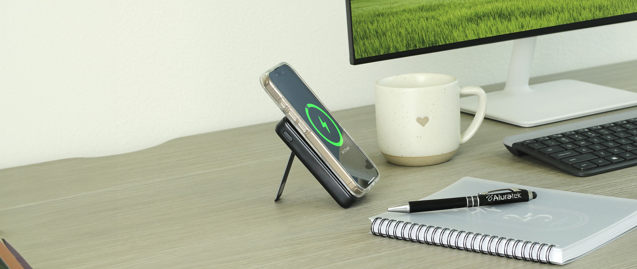 aluratek 10k mah wireless power bank qi2 magsafe apple watch lifestyle desk