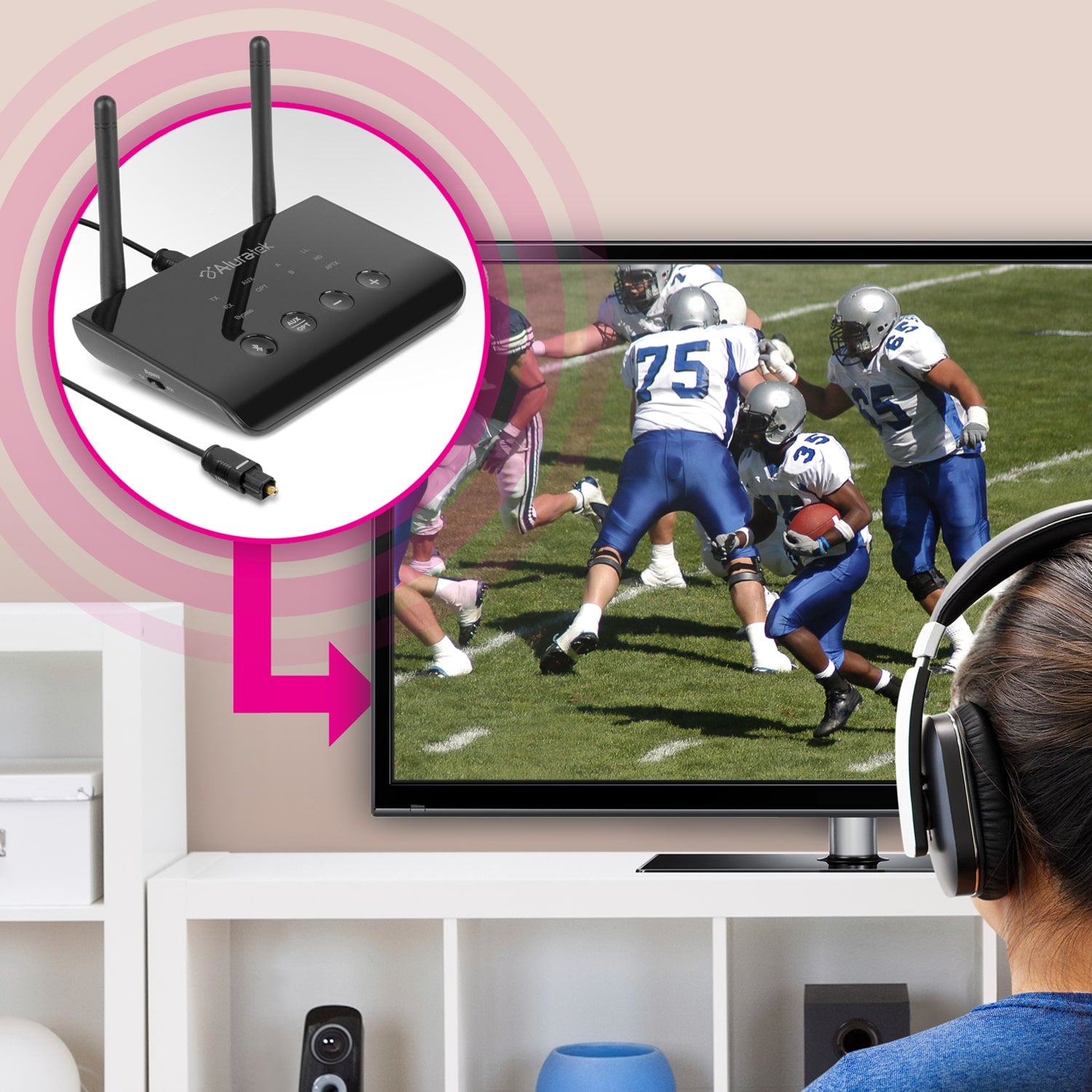 aluratek Bluetooth optical audio receiver transmitter lifestyle dual-stereo