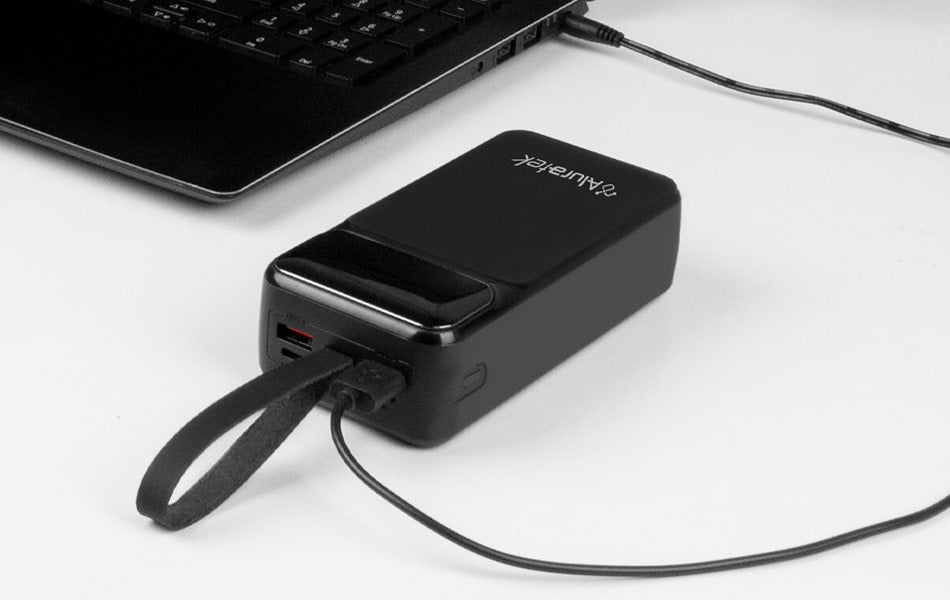 Aluratek portable 30k power bank 65W viewer laptop tablet charging black
