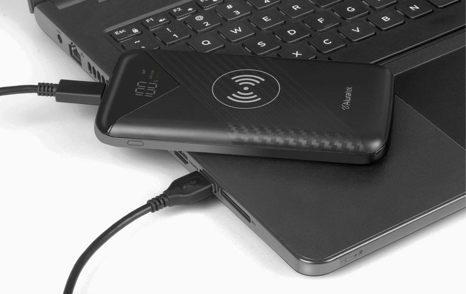 aluratek wireless charging 10k power bank black recharge and go