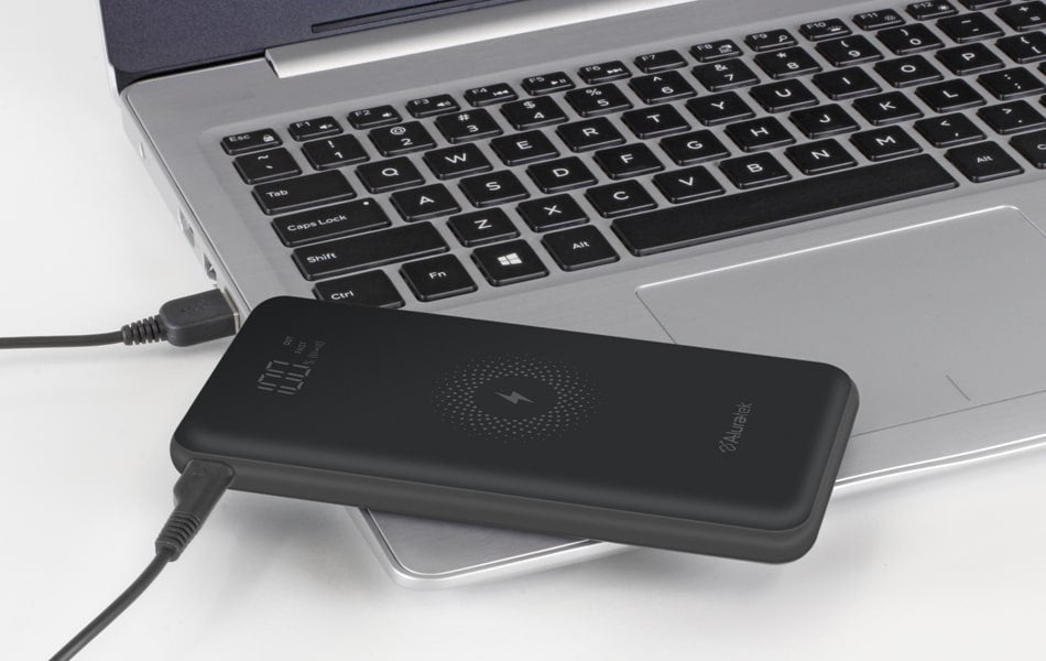 aluratek wireless charging 10k power bank type-C viewer recharge and go