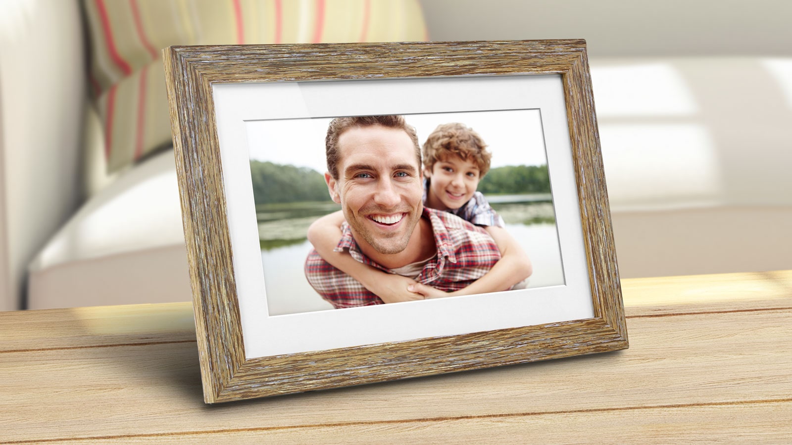 Aluratek Distressed Wood Digital Photo Frame on Counter
