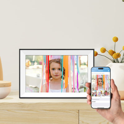 Aluratek 10.1-inch WiFi Digital Photo Frame on Desk with App