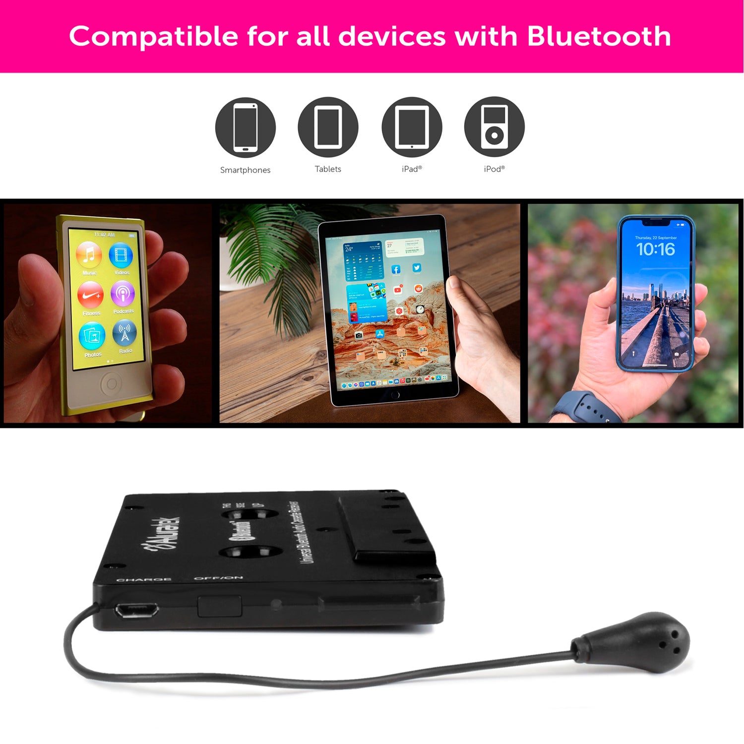 Bluehive Bluetooth Audio Cassette Adapter with Built-in Microphone, Black