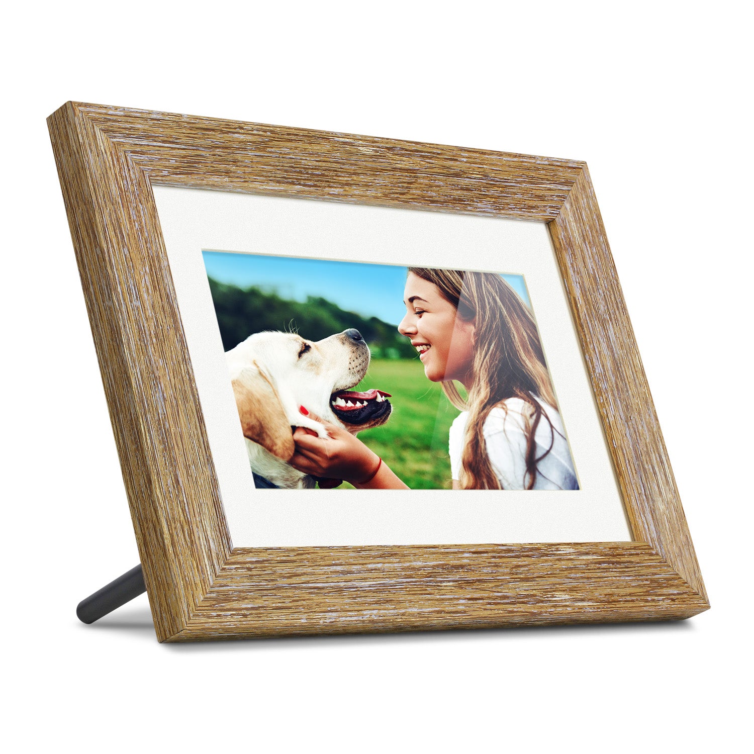 Aluratek 8” Distressed Wood Digital Photo Frame, Auto Slideshow,  USB/SD/SDHC Supported, Built-in Clock & Calendar, Easy Setup, Wood Border