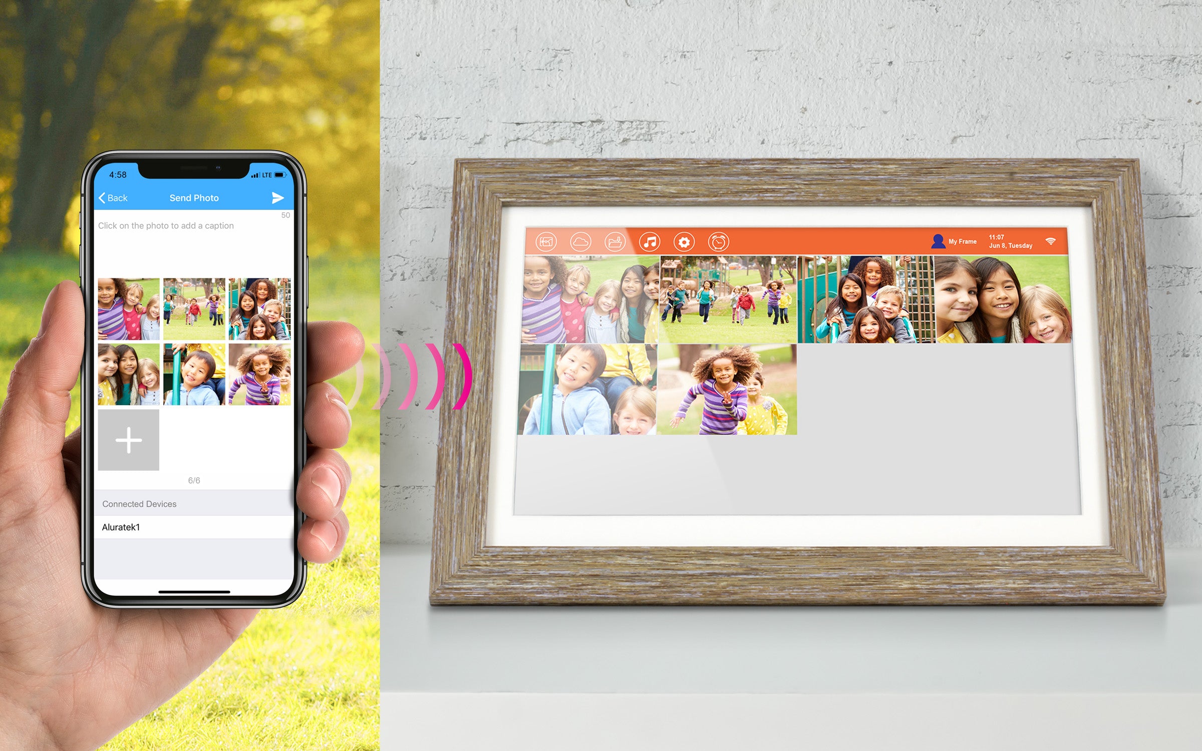 Distressed Wood WiFi Digital Photo Frame with Touchscreen LCD Display