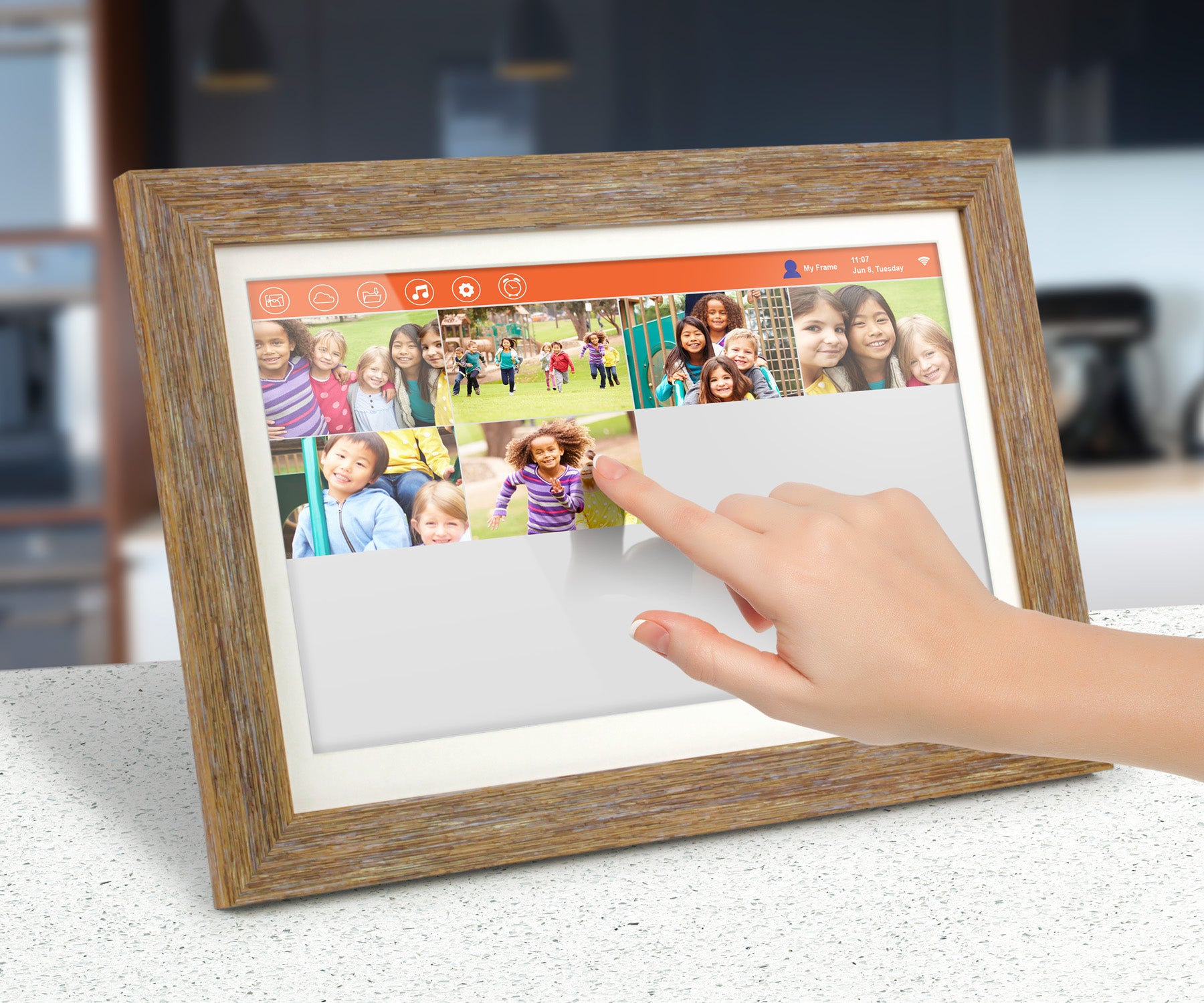 Distressed Wood WiFi Digital Photo Frame with Touchscreen LCD Display