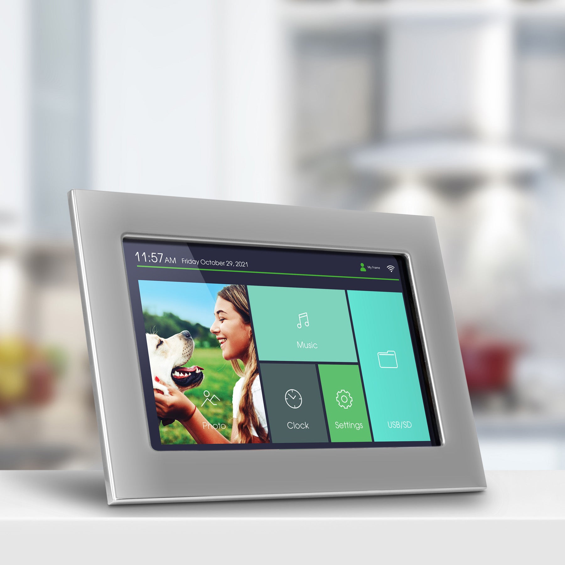 Silver WiFi Digital Photo Frame with Touchscreen IPS LCD Display and 1
