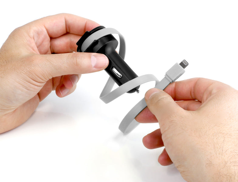 4.8A Car Charger with Built-in Lightning Rolling Ribbon Cable and USB Charging Port