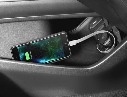 4.8A Car Charger with Built-in Lightning Rolling Ribbon Cable and USB Charging Port