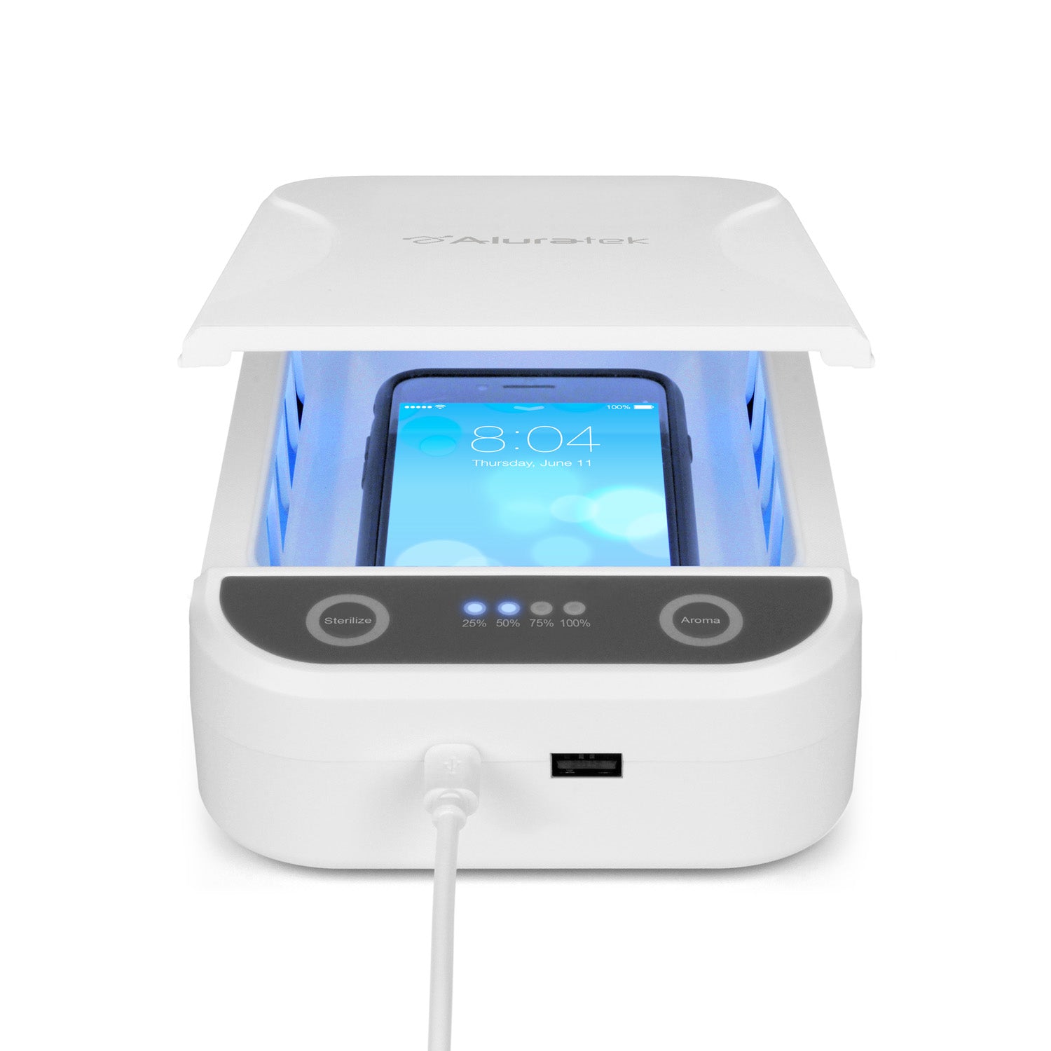 UVC Sterilizer open sterilizing smarthphone front view