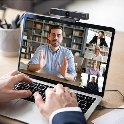 Aluratek 4K HD Webcam Pro 5x Digital Zoom Dual-Stereo Noise-Cancelling Mics lifestyle laptop call