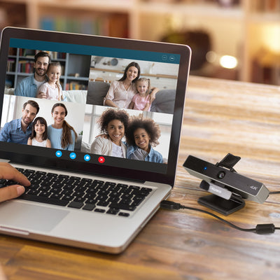 Aluratek 4K HD Webcam Pro 5x Digital Zoom Dual Stereo Noise Cancelling Mics lifestyle laptop desk