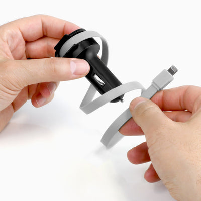 Aluratek Car Charger with Built-in Lightning Rolling Ribbon Cable and USB Charging Port Angle ribbon out