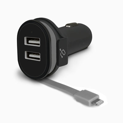 Aluratek Car Charger with Built-in Lightning Rolling Ribbon Cable and USB Charging Port Back black