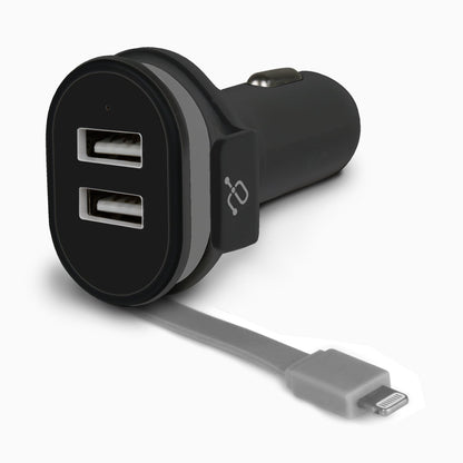 Aluratek Car Charger with Built-in Lightning Rolling Ribbon Cable and USB Charging Port Back