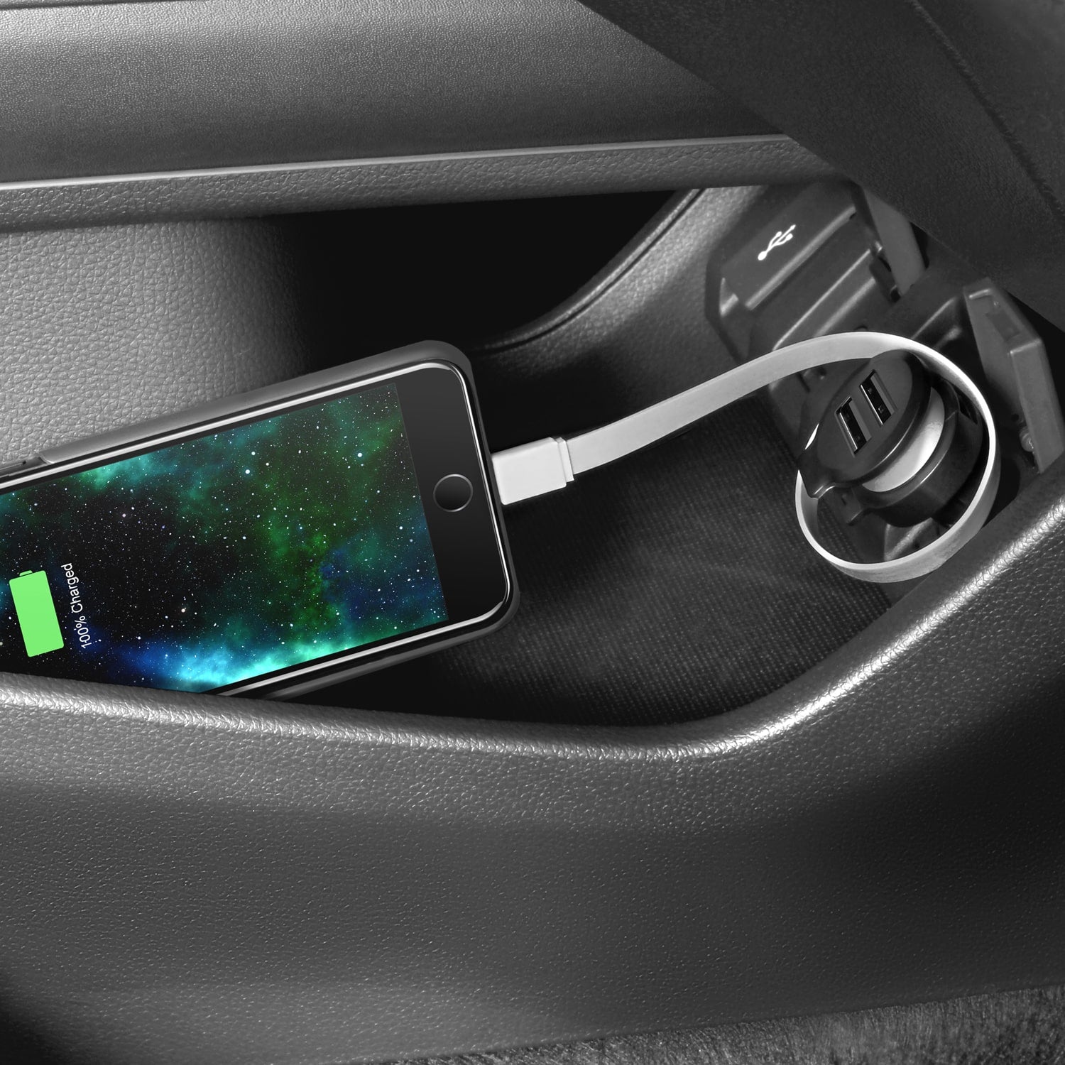 4.8A Car Charger with Built-in Lightning Rolling Ribbon Cable and USB Charging Port