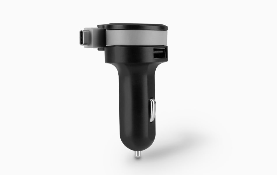 Aluratek Car Charger with Built-in Type-C Rolling Ribbon Cable and USB Charging Port Charge two devices at once coiled