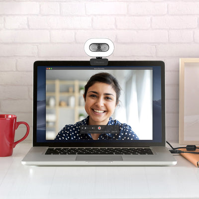 Aluratek HD Webcam Ring Light Auto-Focus Noise-Cancelling Mic Lifestyle Laptop