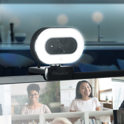 Aluratek HD Webcam Ring Light Auto-Focus Noise-Cancelling Mic top Angle monitor