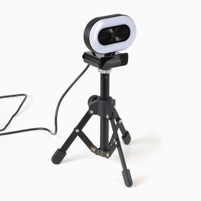 Aluratek HD Webcam Ring Light Auto-Focus Noise-Cancelling Mic top Angle tripod