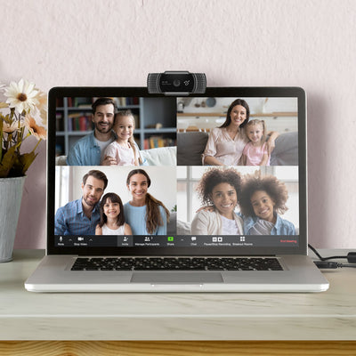 Aluratek Ultra 2K HD Webcam Auto-Focus Dual-Stereo Noise-Cancelling Mics lifestyle Laptop