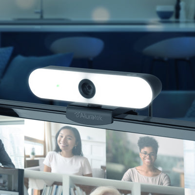 Aluratek Ultra 4K HD Ring Light Webcam Dual-Stereo Noise-Cancelling Mics Lifestyle Desktop monitor