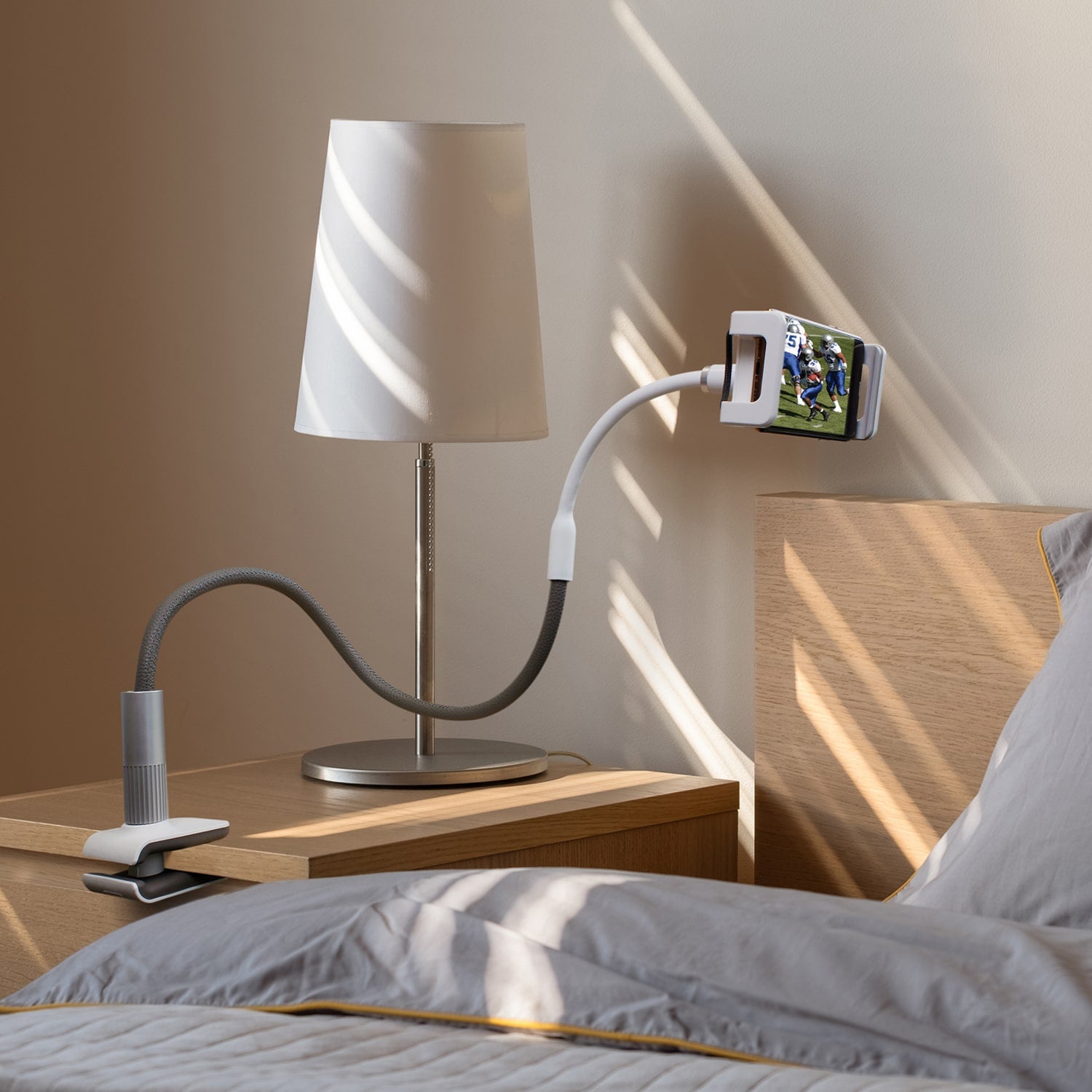 Aluratek Universal Smartphone Tablet Flex Mount white lifestyle nightstand mount