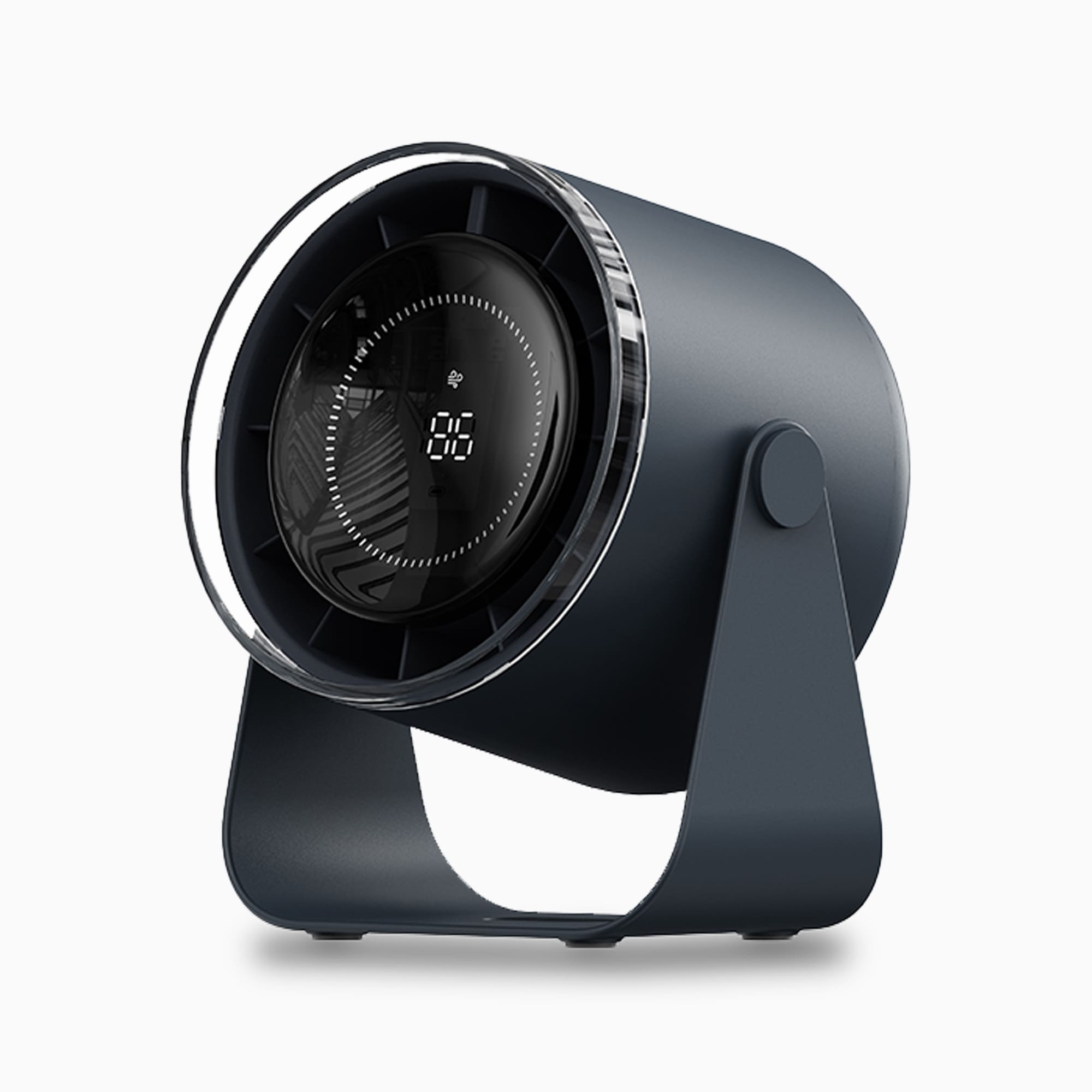 Black Aluratek fan with digital display on a white background