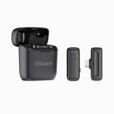 Aluratek Wireless USB-C Vlogging Lapel Microphone with Charging Case Case open angle
