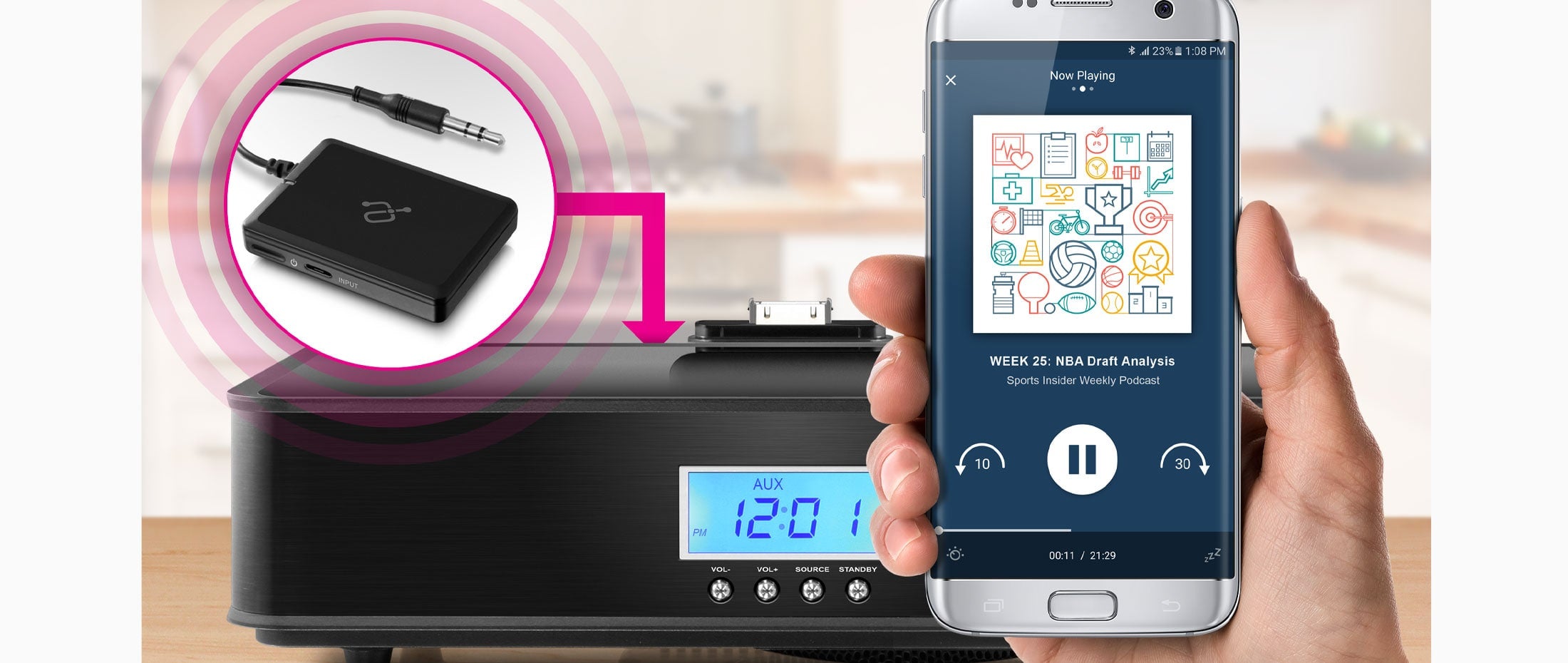 Aluratek iStream Bluetooth Audio Receiver with Attached Cable ITO