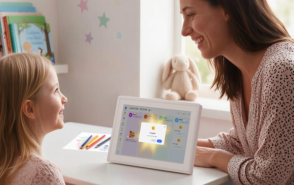 Aluratek 10 inch smart wifi touchscreen digital calendar photo frame with mother and child