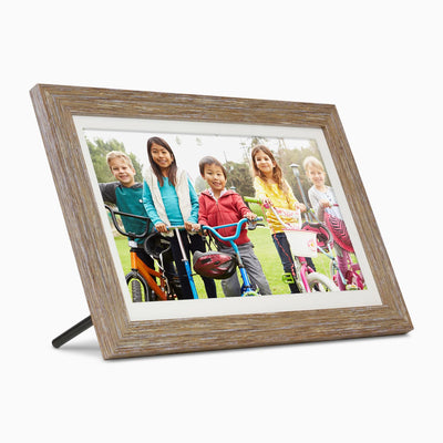 aluratek 13 inch distressed wood touchscreen wifi digital photo frame 16gb angle