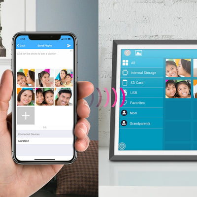 aluratek 13-inch dual-band 3k touchscreen wifi digital photo frame light sensor 32gb streaming