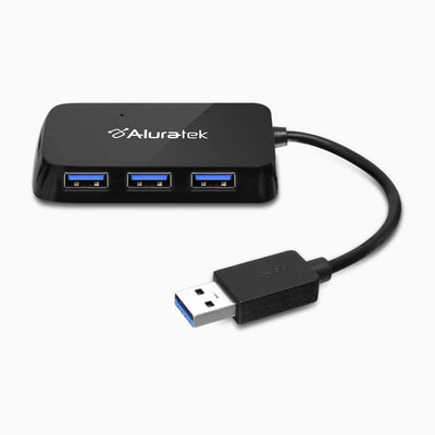 Aluratek USB hub with three ports on a white background