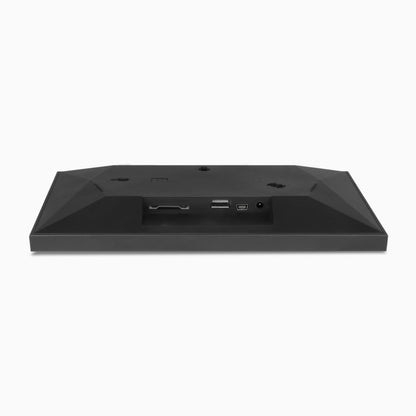 Back view of a black electronic device with ports on a white background