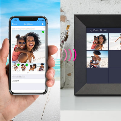 Smartphone displaying photo app and digital photo frame showing family photos.