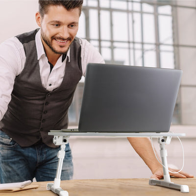 Aluratek Adjustable Ergonomic Laptop Cooling Table with Fan lifestyle standing up