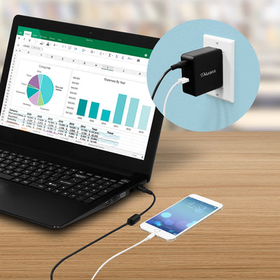 aluratek universal 65W power adapter lifestyle plugged